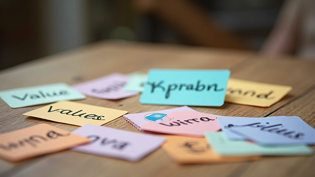 Kleurrijke kaarten met woorden zoals vrijheid, eerlijkheid, groei, liefde, creativiteit op houten tafel, symbolisch voor waarden