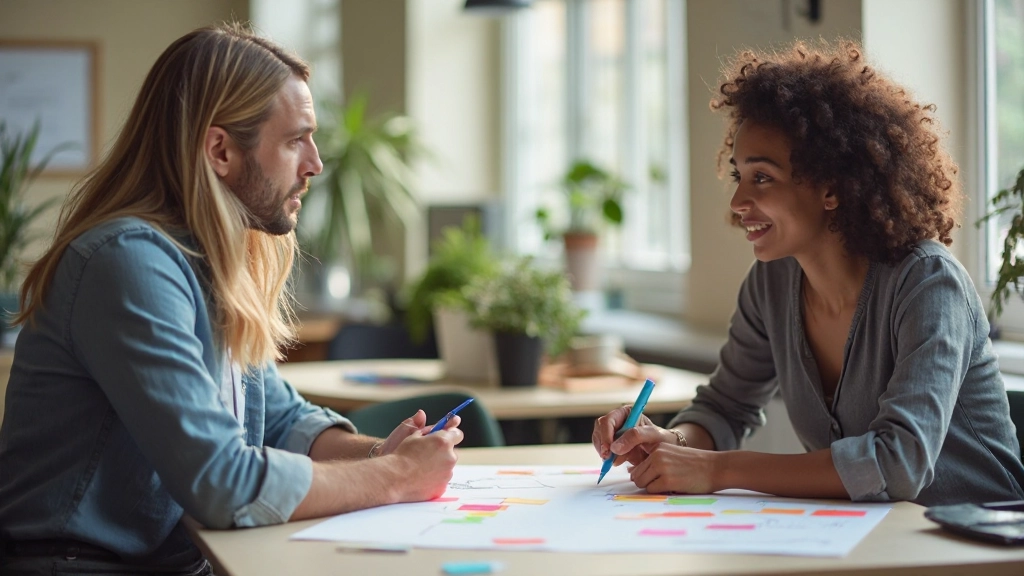 Groep diverse mensen rond tafel met kleurrijke notitiekaarten en markers, brainstormmoment, creatieve werkruimte