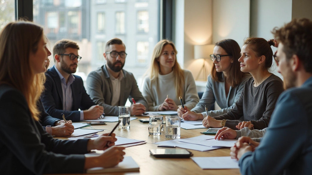 Groep deelnemers in een interactieve sessie, aantekeningen maken, focus op persoonlijke groei