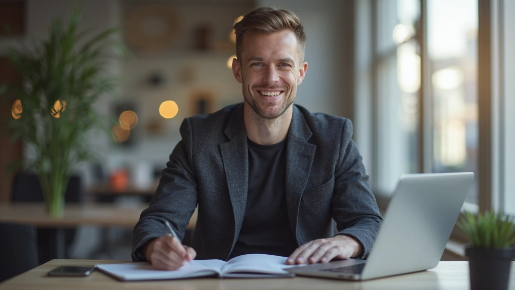 Professionele foto van realistische man van 38 jaar, volledig gekleed in casual blazer en donker overhemd, zittend aan moderne bureau met laptop en notitieboek, concentratie op werk, natuurlijk daglicht van raam, inspiratief kantooromgeving, onscherpe achtergrond, GEEN tekst, GEEN watermerken