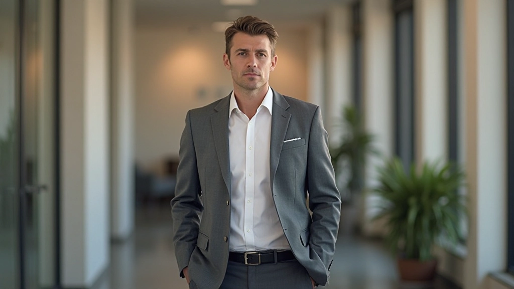Professionele foto van realistische man van 40 jaar, volledig gekleed in grijs pak en wit overhemd, staand in modern kantoor met grote ramen, zelfverzekerde houding, handen in zakken, warm licht, onscherpe achtergrond, GEEN tekst, GEEN watermerken