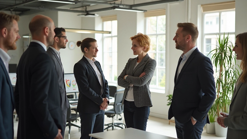 Professioneel kantoor met diverse teamleden in brainstormsessie, natuurlijk licht, inspirerende werksfeer