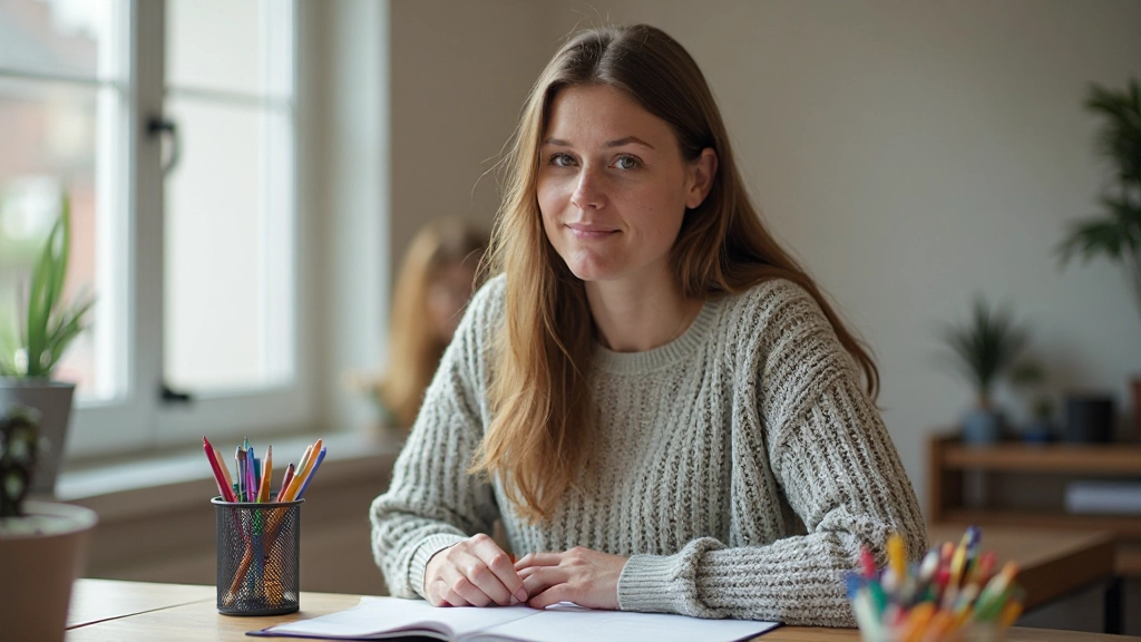 Persoonsoon met pennen en kleurrijke markers op bureau met notebook en koffie, focus op planning en schrijven