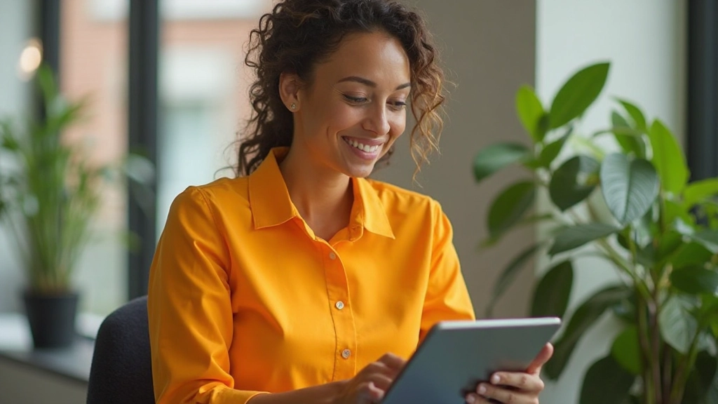 Persoon in zonnig kantoor met potplanten, glimlachend terwijl ze aantekeningen controleert op tablet, voelt zich georganiseerd en tevreden