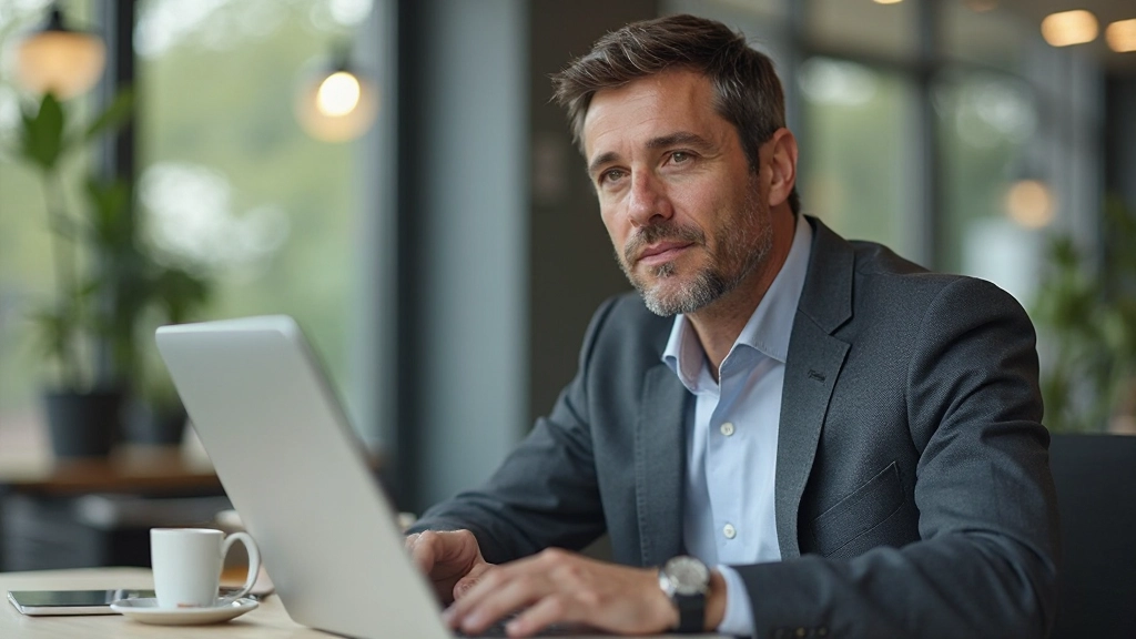 Persoon met kopje koffie die naar digitale planner kijkt met kalender en takenlijst, kantoor-achtergrond