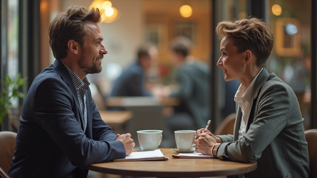 Twee personen in gesprek over koffie, met notitieboeken zichtbaar, constructief dialoog en samenwerking