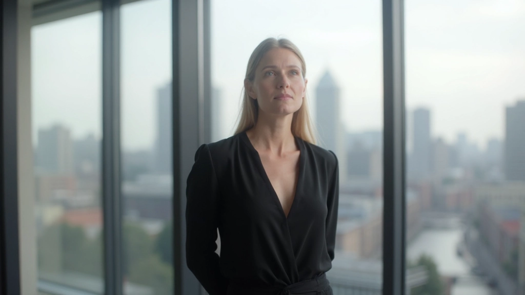 Professionele foto van realistische vrouw van 32 jaar, volledig gekleed in elegante zwarte blouse, staand voor groot panoramaraam met stadsuitkicht, blik naar buiten gericht, inspiratief moment, modern kantoor, zachte verlichthing, onscherpe achtergrond, GEEN tekst, GEEN watermerken