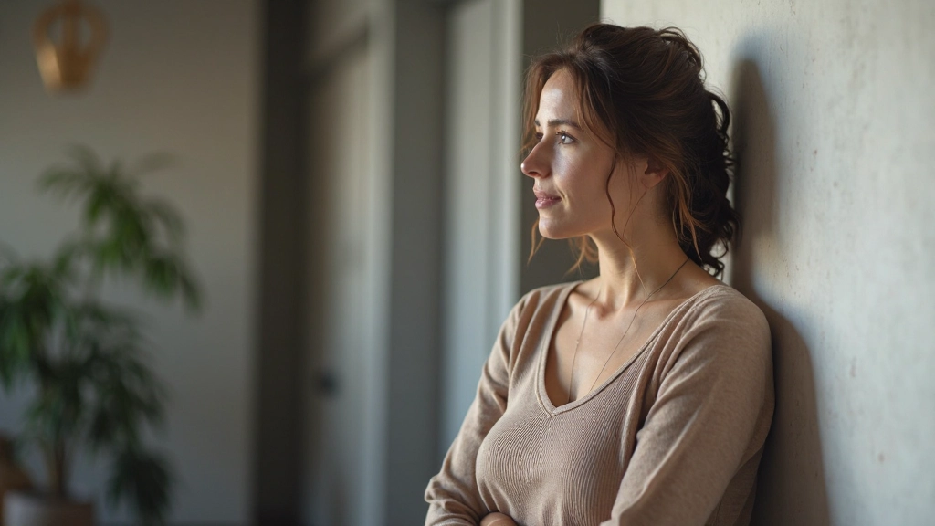 Vrouw kijkt naar muur met gekleurde notitiekaarten met waarden, moment van herkenning en helderheid