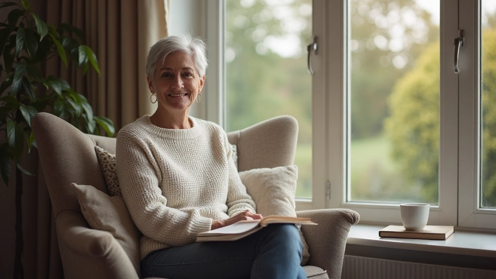 Vrouw zittend in comfortabele stoel met kopje thee, notebook open op schoot, raam met uitzicht op natuur